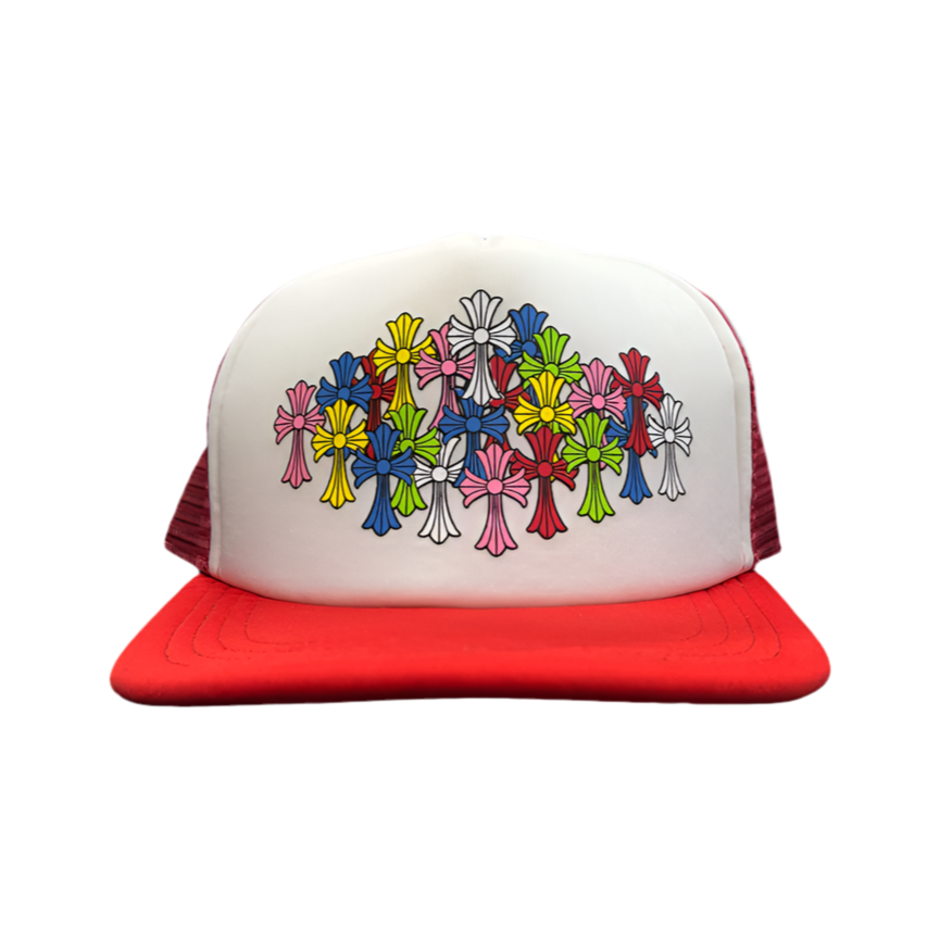 CHROME HEARTS MULTI COLOR CROSSES TRUCKER HAT "RED"