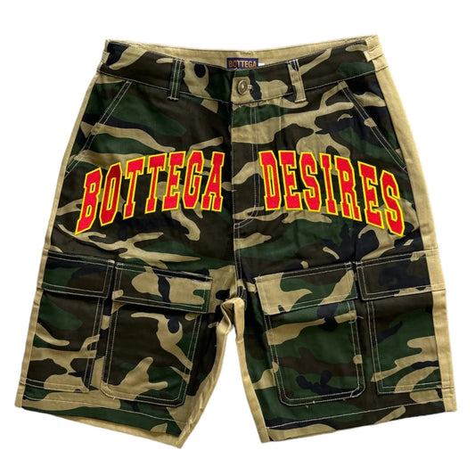 BOTTEGA DESIRES CAMO CARGO SHORTS